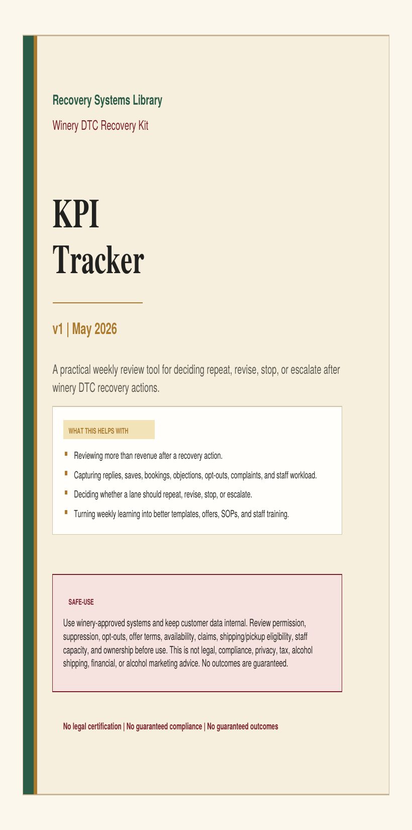 Preview of the winery recovery KPI tracker