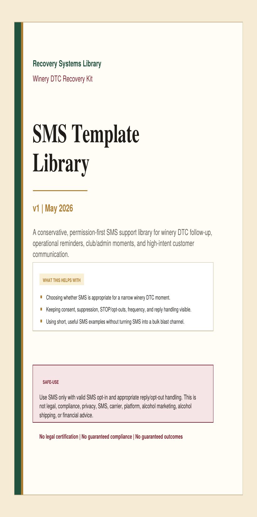 Preview of the winery SMS template library