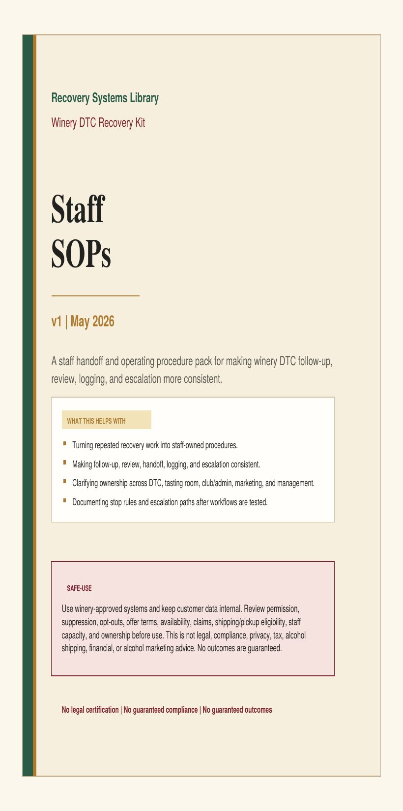 Preview of the staff SOPs for winery recovery workflows